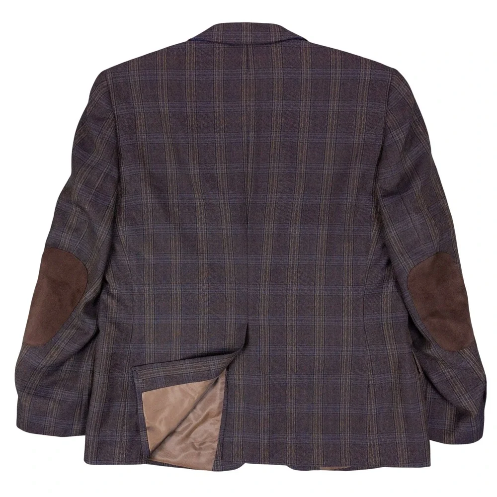 Stafford Sport Coat Blazer Mens 42R Slim Fit Brown Plaid Suede Elbow Patches